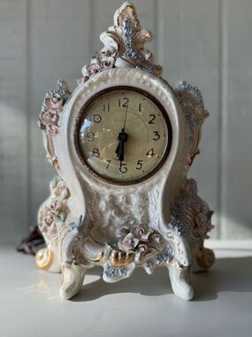 Ornate Pastel Ceramic Mantel Clock - White with Pink & Blue Accents